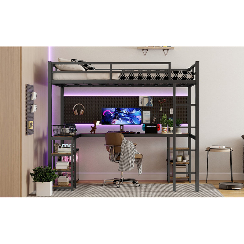 Full XL Metal Loft Bed With Desk And Shelves, Space-Saving Design With Ladder And Guardrails For Small Bedrooms, Black/Brown