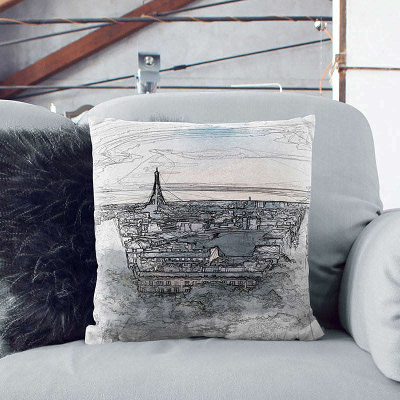 Eiffel Tower and the Paris Skyline in Abstract Cushion with Filling, Black, 40cm H x 40cm W x 15cm D