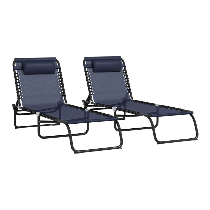 Folding Chaise Lounge Pool Chair Set Of 2, Patio Sun Tanning Chair, Outdoor Lounge Chair W/ Reclining Back, Pillow, Breathable Mesh & Bungee Seat For Beach, Dark Blue