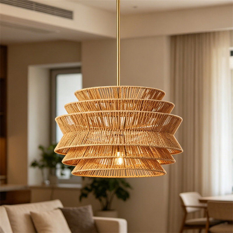 Luminaire suspendu en corde de chanvre naturel à 1 lumière à niveaux avec base dorée, hauteur réglable