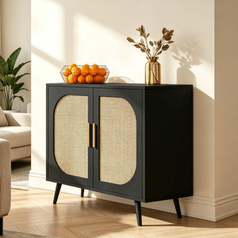 Buffet Cabinet with Storage Accent Bathroom Floor Cabinet with Two Doors and 4 compartments for Storage, Black