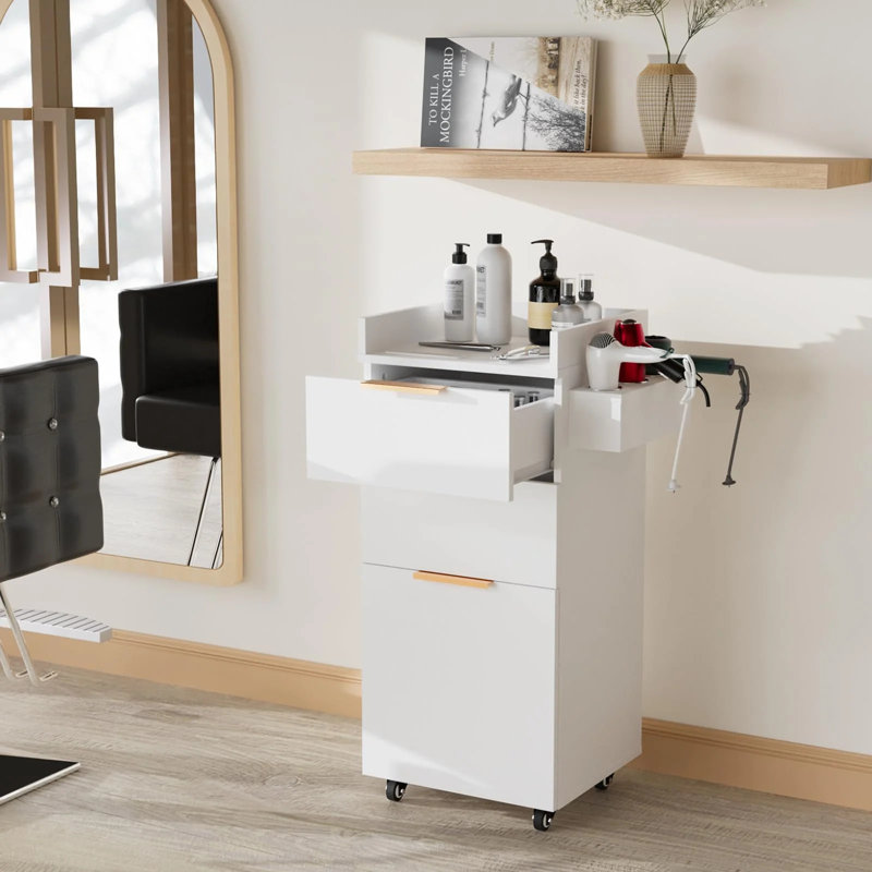 33.46 H x 15.74 W  Wood Salon Trolley Cart With 4 Wheels, White