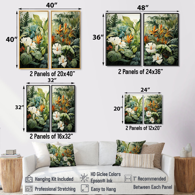 «White Contemporary Botany Jungle Wonders» - art mural blanc, H 36 po x l 48 po, Reproduction encadrée sans passe-partout