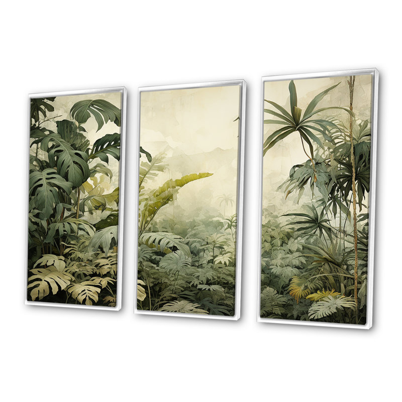 «Vintage Jungle Landscape», ensemble d'art mural sur toile Jungle, H 32 po x l 48 po x P 1 po, Cadre flottant blanc