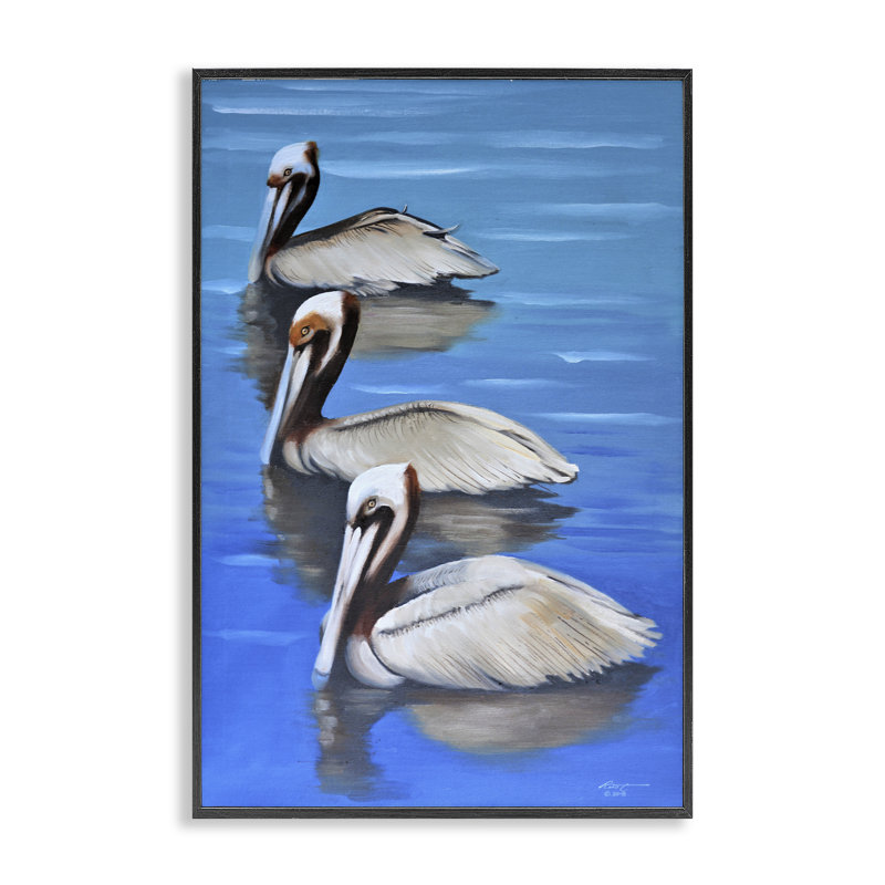«Pelican Trio Drifting», estampe numérique par D. Rust, Giclée encadrée noir minuit, H 24 po x l 16 po