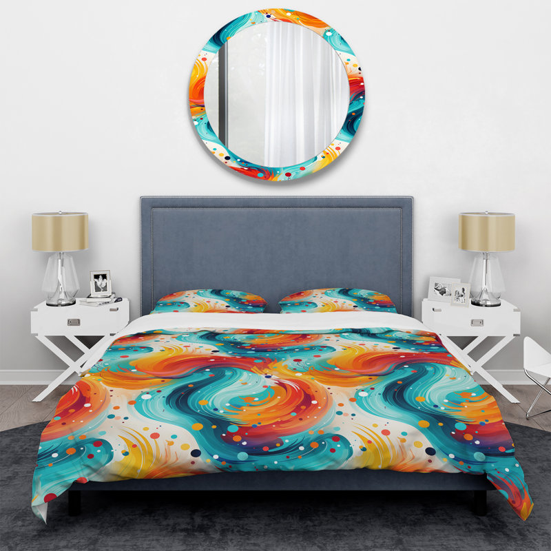 Ensemble de housse de couette Green and Orange Swirling Harmony Waves I, Housse de couette simple + 1 taie décorative stan