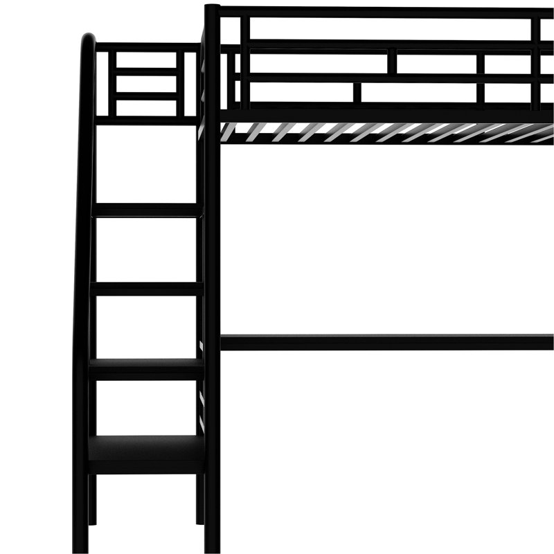 Lit mezzanine simple en métal avec bureau, de couleur noire, sans sommier tapissier, garde-corps, bureau simple à installation dans un espace limité pour lit simple, base supplémentaire, rails, chambre d'amis idéale