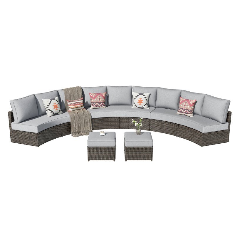 5 Piece Half Moon Rattan Sectional Seating Group with Cushions