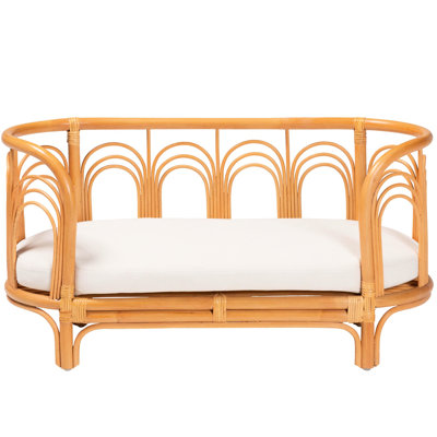 Bohemian Style Pet Bed Made Of Natural , Openwork Frame With Embellishment, Removable Fabric - Upholstered Cushions Padded Foam, Lightweight And Fully Assembled, Honey Color, 15.72 In Depth, 34.75