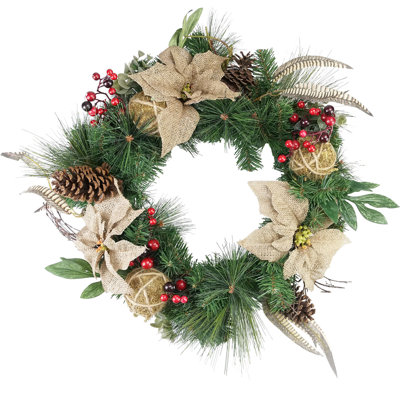 Couronne de Noël artificielle mixte baies de pin et poinsettia - 24 pouces non éclairée