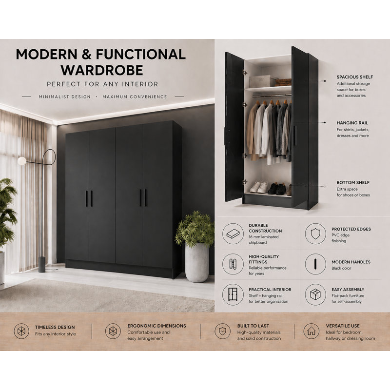 Nitra 4 Door Wardrobe, Black