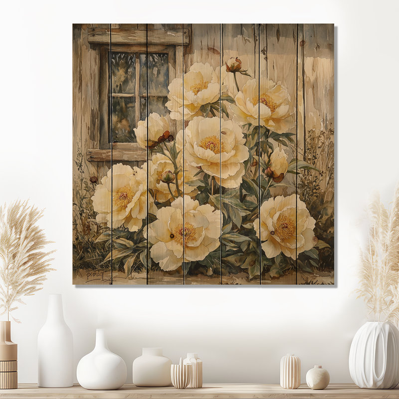 Peonies By The Old Chicken Coop II - Peonies Wood Print - On Natural Pine Wood, 36" H x 36" W x 0.78" D