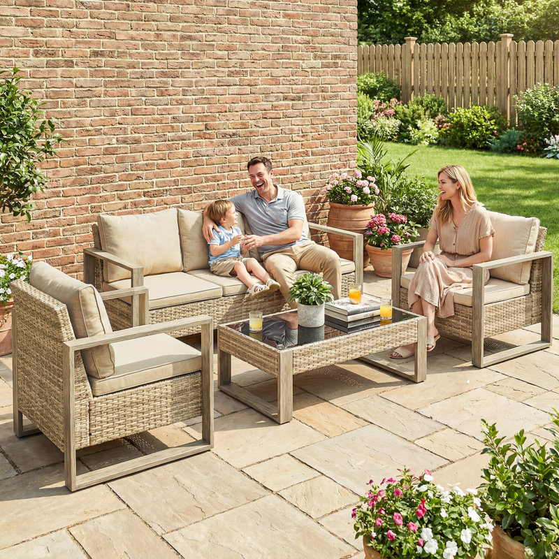 Outsunny 4 Piece Rattan Garden Furniture Set 3-Seater Sofa Armchairs Khaki