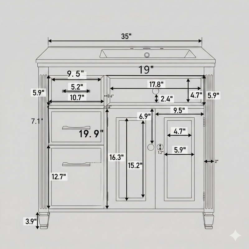 Meuble-lavabo de 36 pouces avec lavabo, lavabo en céramique, un tiroir basculant, trois tiroirs latéraux, tablette réglable, finition noire