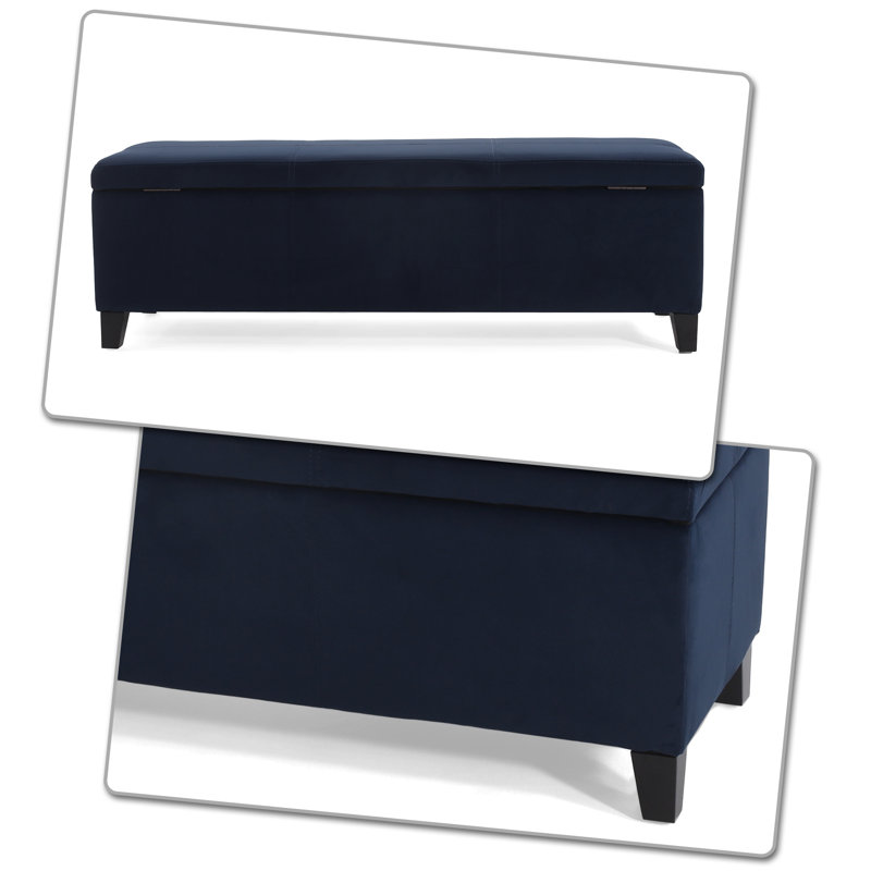 Banc rembourré minimaliste moderne avec rangement caché et pieds en bois Leodan, Bleu foncé