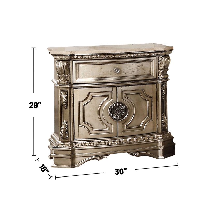 Table de chevet en marbre, 1 tiroir, 2 portes, argent antique, tiroir doublé de feutre, design, arrêt, fermeture manuelle, rangement dans la chambre à coucher, peuplier massif et fonction, fermeture, bois
