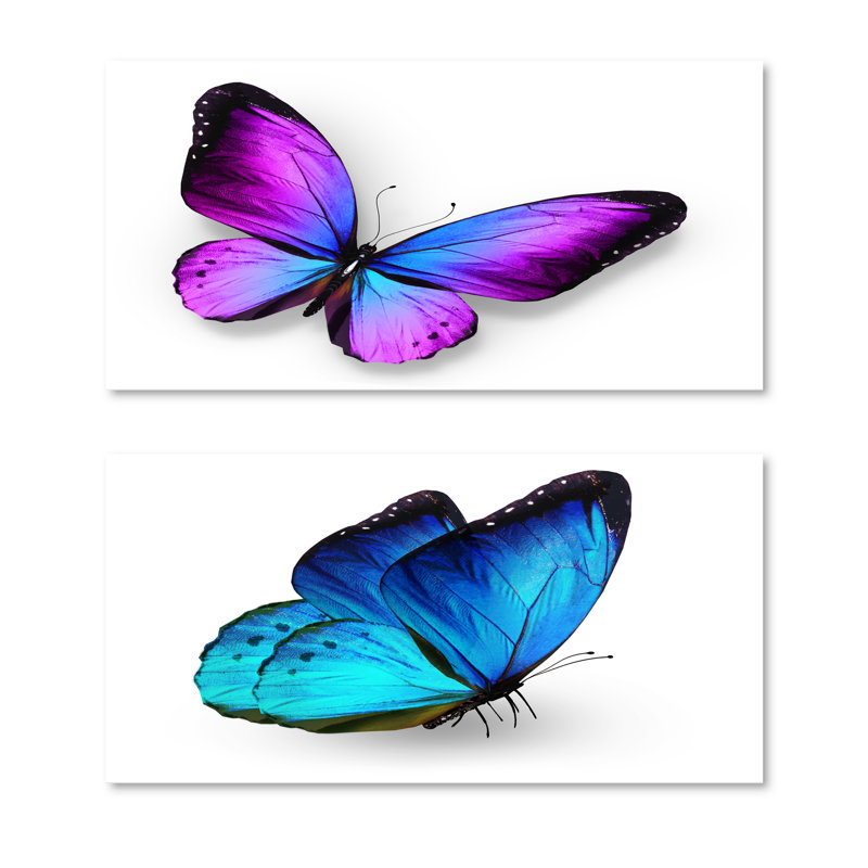 Violet et bleu papillon - ensemble de 2 peintures sur toile tendue, H 24 po x l 20 po x P 1 po