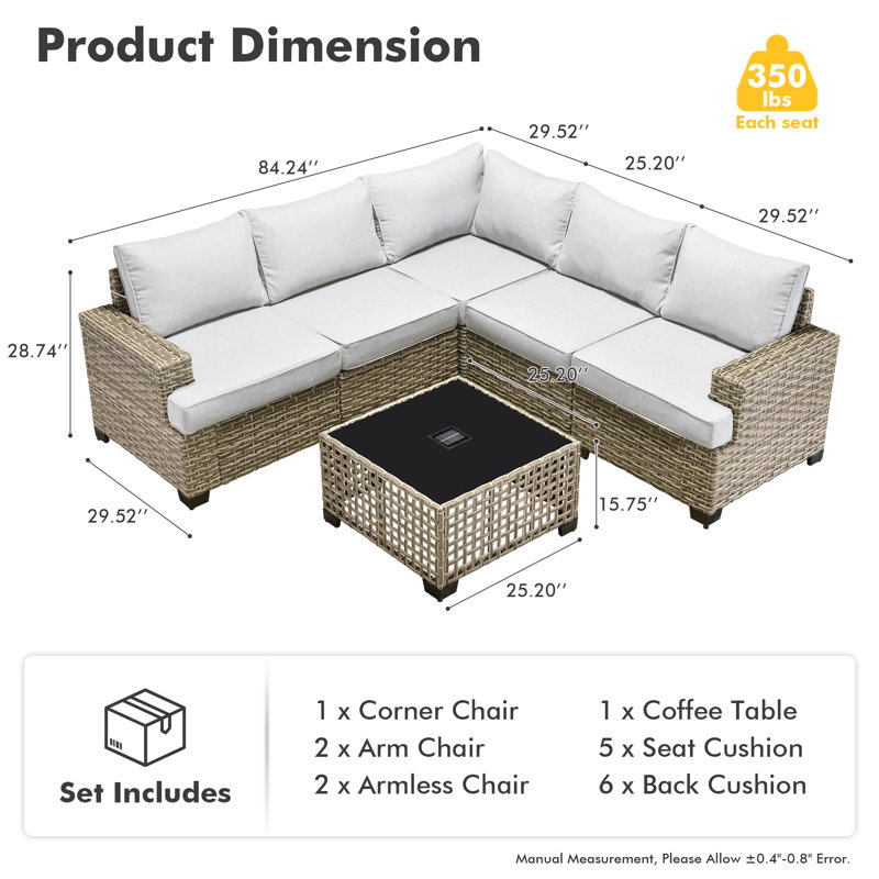 Wahkon Wicker/rattan 5 - Person Wicker Sectional Seating Group with Lighted Coffee Table, Modern Modular Outdoor Conversation Set with Cushions