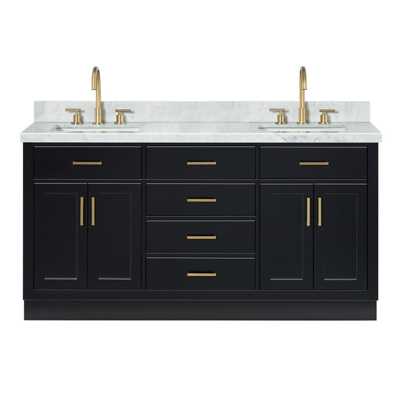 Thornaby 66'' Solid Wood Double Bathroom Vanity with 1.5'' Carrara Marble Top, Black / Satin Brass, Rectangular