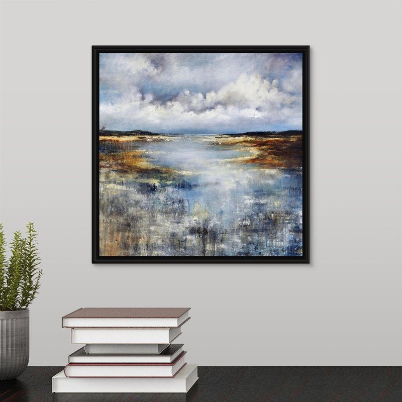 « calme stillation », peinture sur toile, H 13,7 po x l 13,7 po x p 1,75 po, Cadre flottant noir