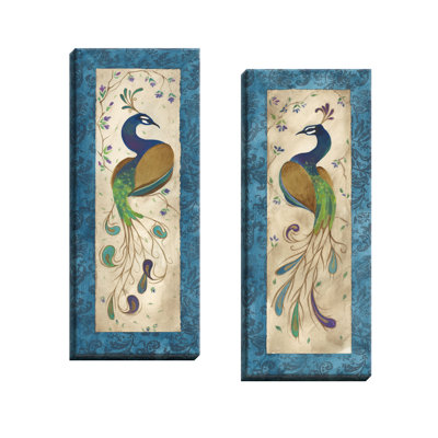 " Blue Retro Peacock Pair Art Prints Green Purple Feathers " by Steve Leal 2 - Pieces