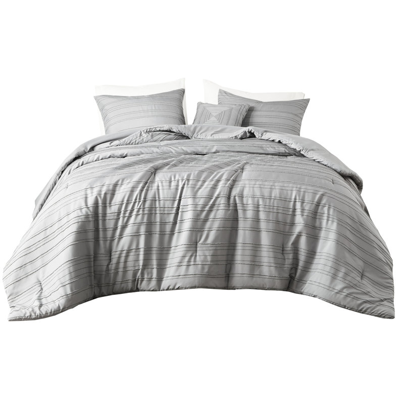Édredon gris à pinces, 4 pièces, lavable à la machine, - étiqueté, avec coussin décoratif, avec motif tissé et 2 taies décoratives, rembourrage, preuve