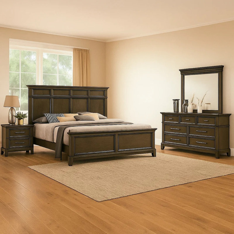 Ensemble de chambre à coucher grand lit 4 pièces Revy, tête de lit haute, commode large, gris