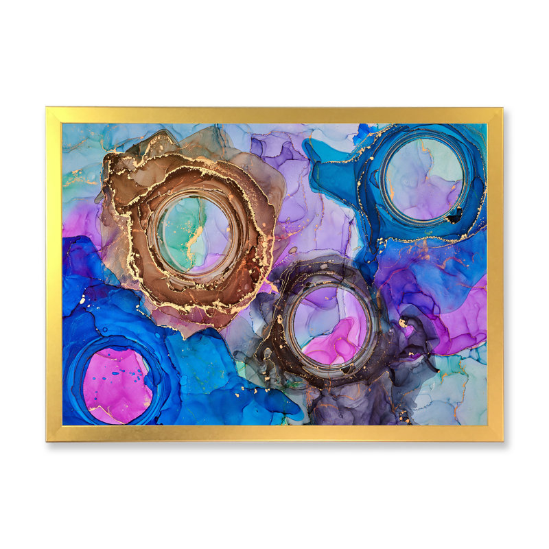 Bleu luxueux abstrait fluide X - peinture sur toile, Cadre doré, H 12 po x l 20 po