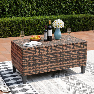 Coffre de rangement extérieur en osier avec plateau relevable, coffre de rangement pour terrasse de piscine résistant aux intempéries