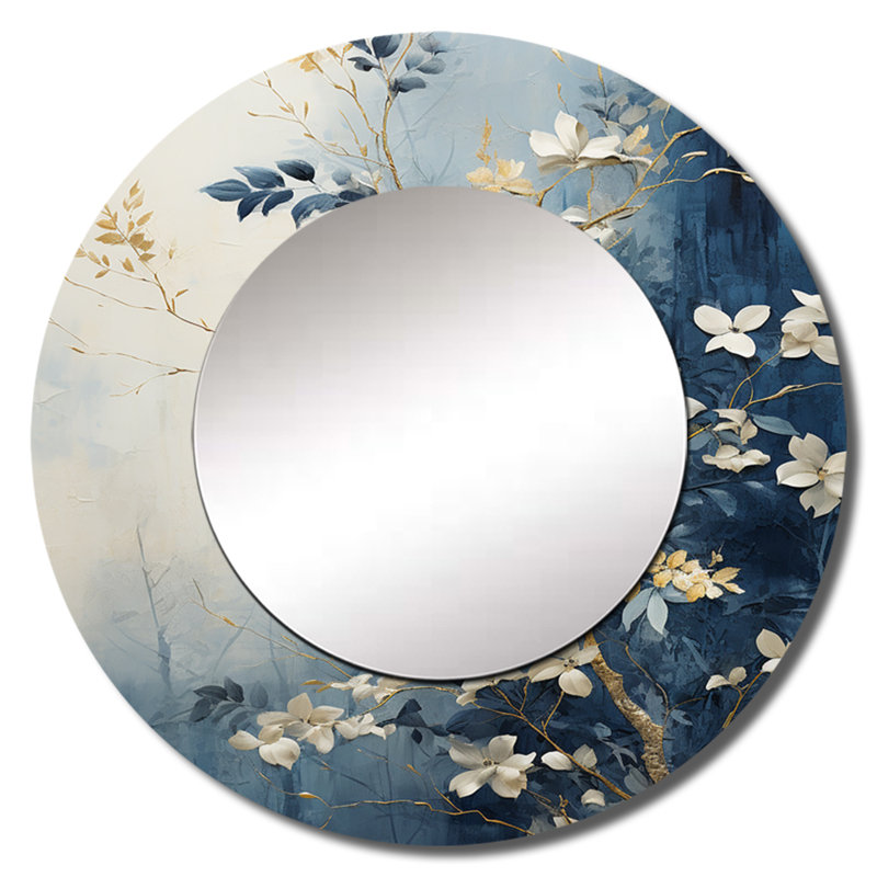 Abstrait doré et bleu botanique - miroir mural jungle, miroir décoratif rond doré, impression d'art en métal, 36 po x 36 po