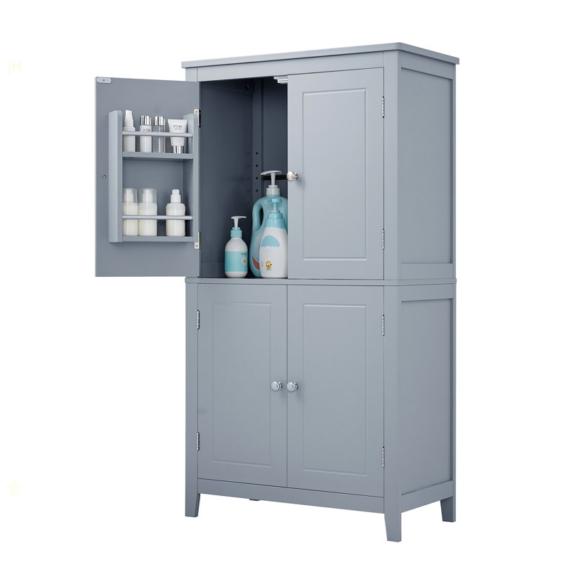 Armoire de rangement élégante pour salle de bain, unité de rangement pour salle de bain, armoire autoportante avec 4 portes, tablettes réglables, tablettes adaptables, gris