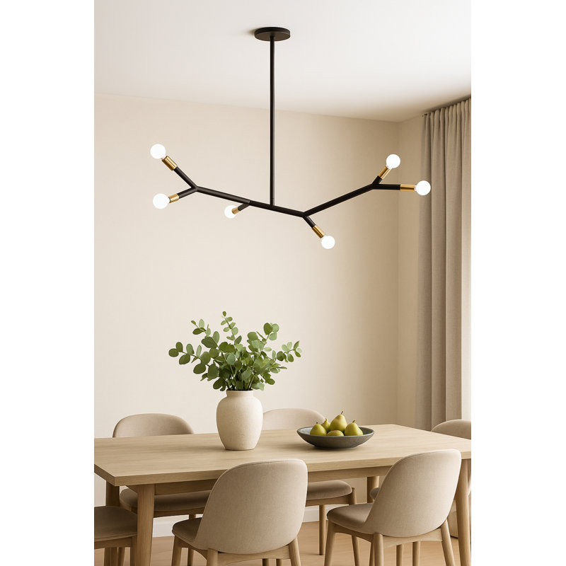 Luminaire suspendu horizontal 6 lumières Rowley, Matte Black/Aged Brass