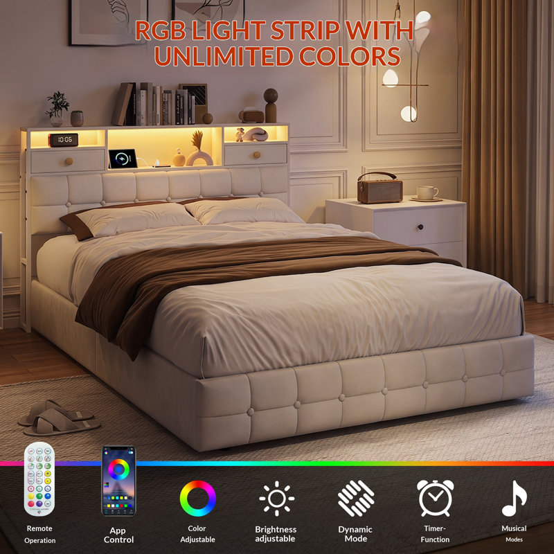 Storage Bed, Beige, European Kingsize (160 x 200 cm)