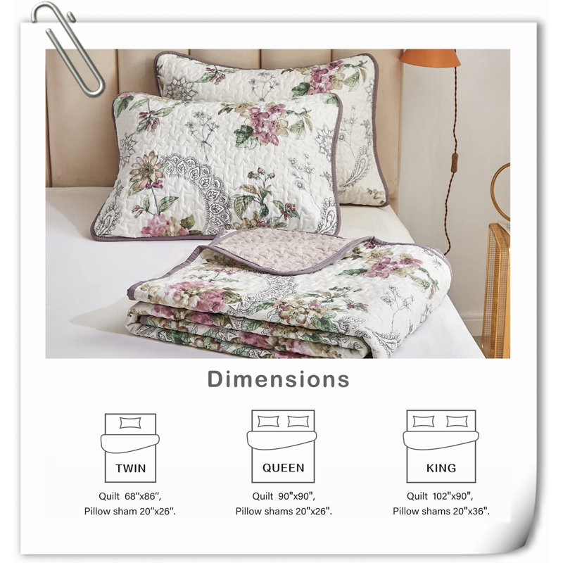 Quilts,3 Pieces Quilt Set, Floral Reversible Bedspread Coverlet Set, Soft Microfiber Lightweight Bed Cover For All Season