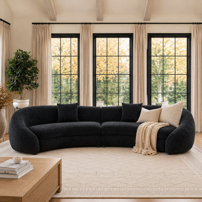 126" Modern Curved Sectional Sofa, Black Polyester