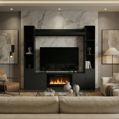 Modern Entertainment Center With Electric Fireplace, Bookshelves, Cabinet Storage & Cable Management