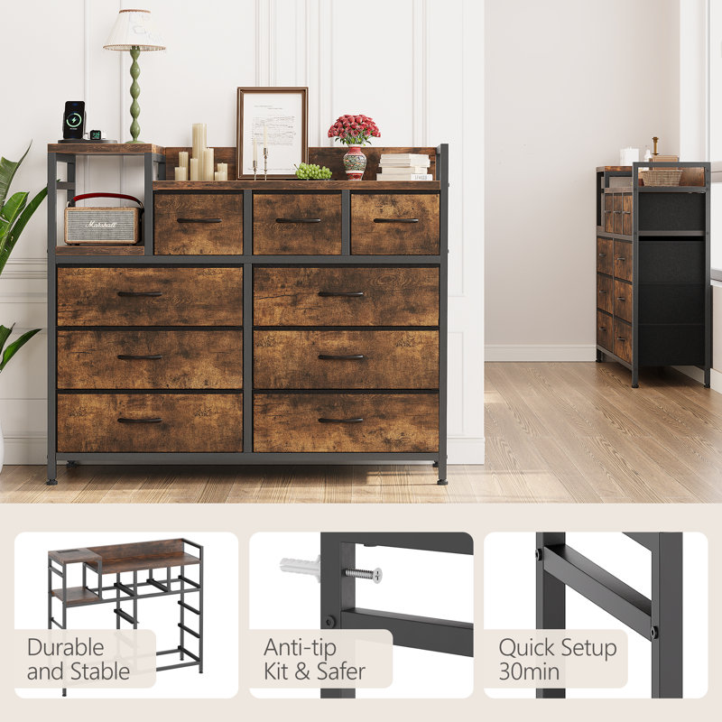 Metal Frame Fabric 9 Drawer Dresser with Charging Station for Bedroom, Brown