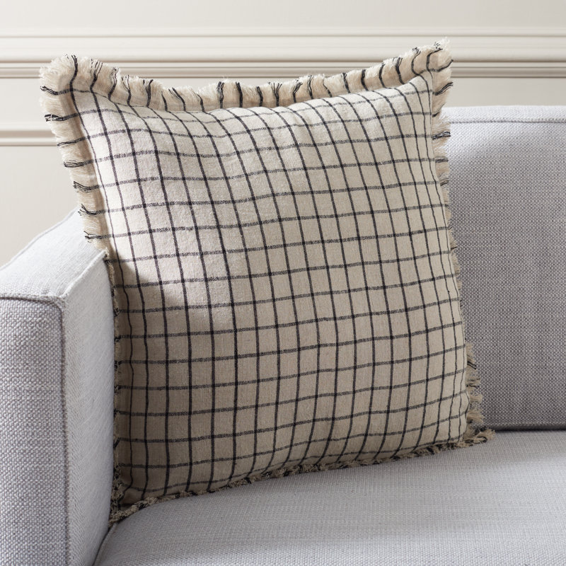  Coussin décoratif à franges en lin naturel / noir