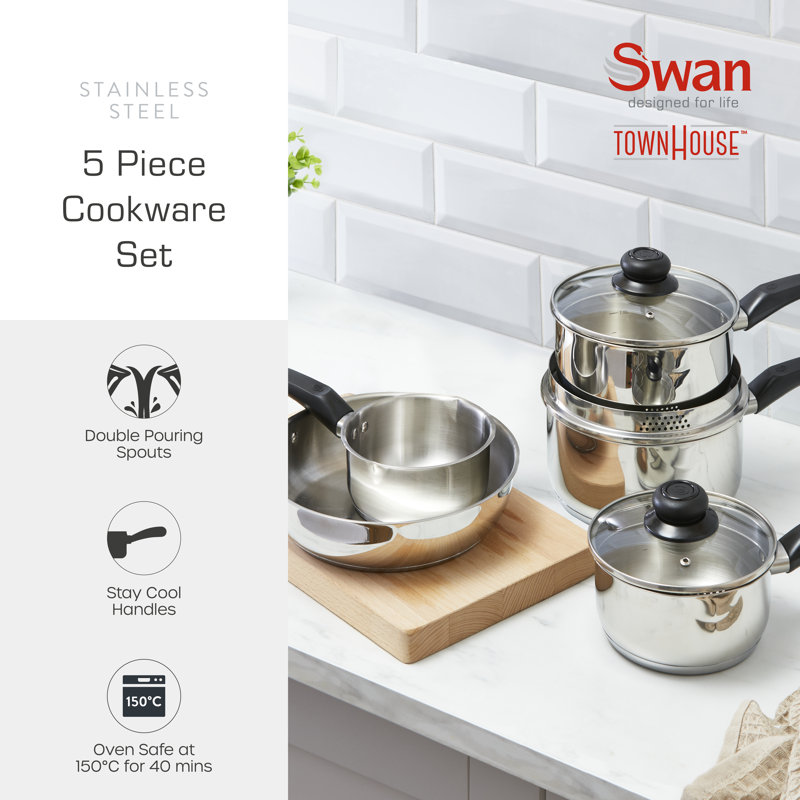 Swan Townhouse 5 Piece Stainless Steel Cookware Set with 16/18/20cm saucepans with Glass Lids, 14cm Milk Pan, 24cm Frying Pan, Suitable for All Hob Types
