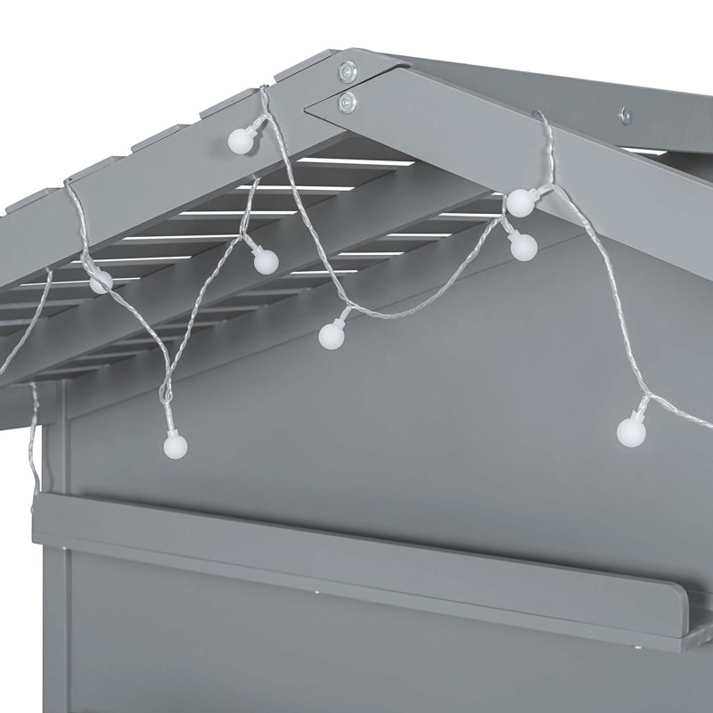 Lit simple simple avec tablettes, lit maison avec fenêtre et bande lumineuse scintillante sur le toit, Gris