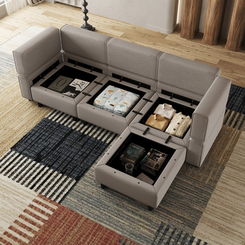 Canapé modulaire en L avec repose-pieds mobile, Velours gris velours, H 33,9 po x l 88,6 po x P 57,1 po 