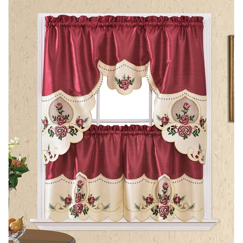 Floral Ruffled Kitchen Curtain, Burgundy