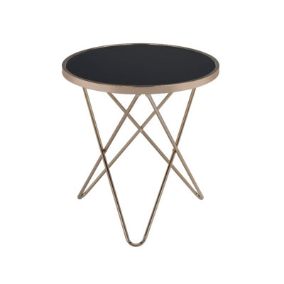 Celina Black and Gold Round End Table, Contemporary Side Table with Black Glass Tabletop & Criss‑Cross Geometric Gold Metal Base for Living Room