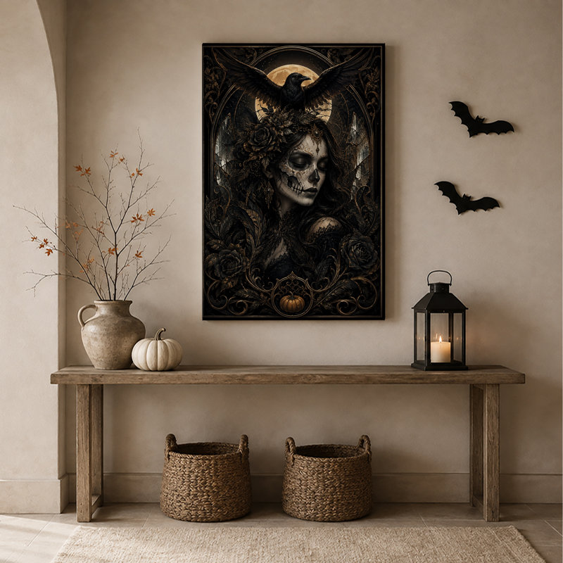 Toile de crâne avec corbeau perché sur la tête, art mural d'Halloween, H 30 po x l 20 po