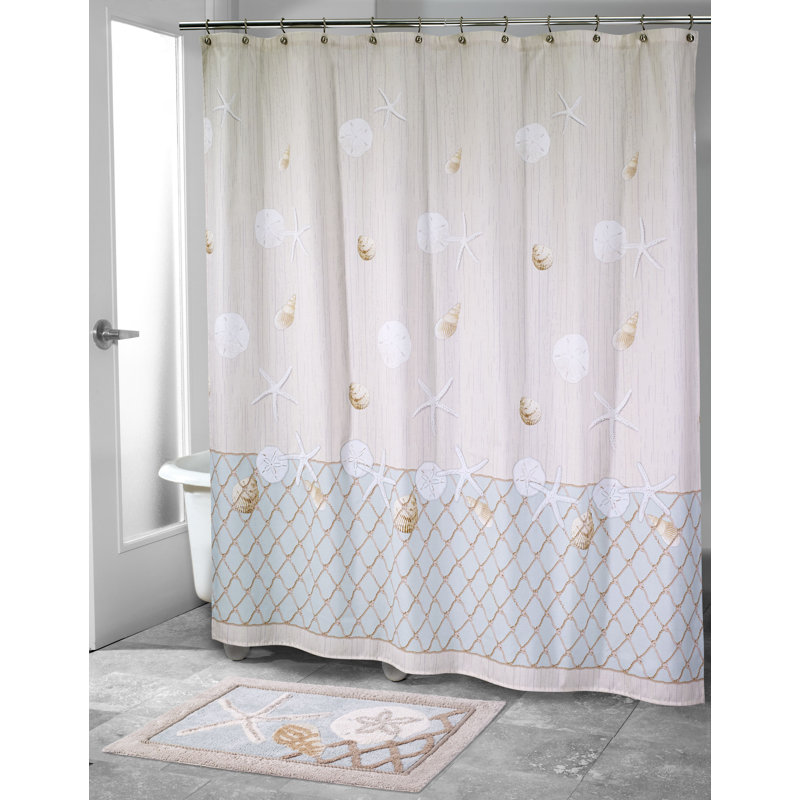 Seaglass Coastal Beige and Blue Fabric Shower Curtain
