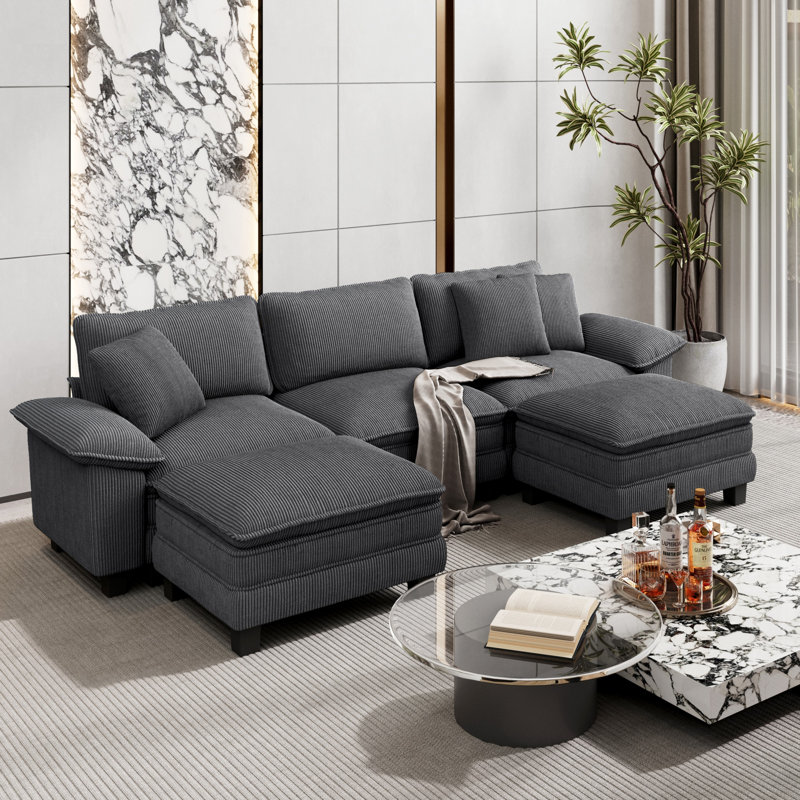 Sofa & Chaise, 5, Light Grey Corduroy