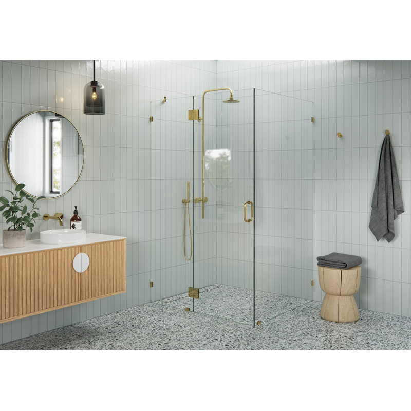 Halo 50 in. x 42 in. x 78 in. 90-degree Fully Frameless Glass Hinged Shower Enclosure, Polished Brass