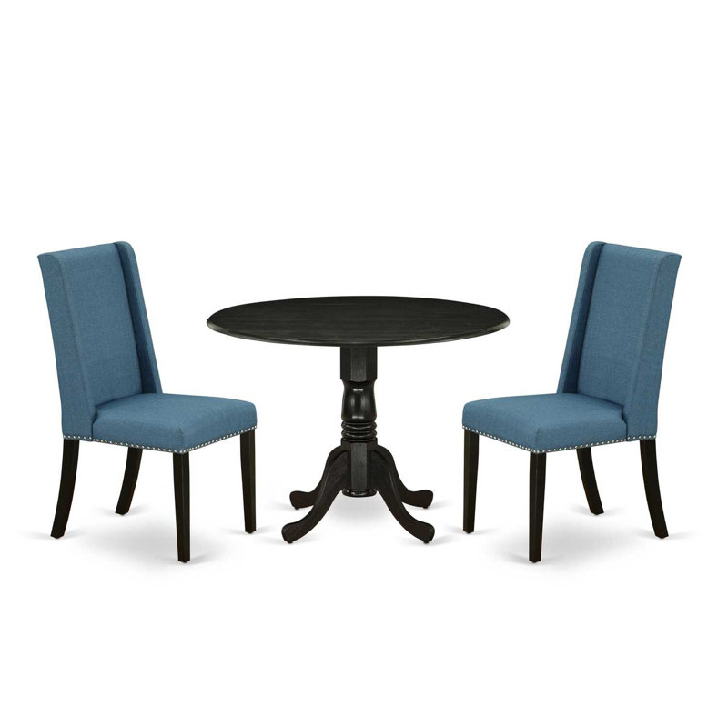 3 Piece Dining Room Table Set Contains a Round Kitchen Table with Dropleaf and 2 Blue Linen Fabric Parsons Dining Chairs, Wirebrushed Black