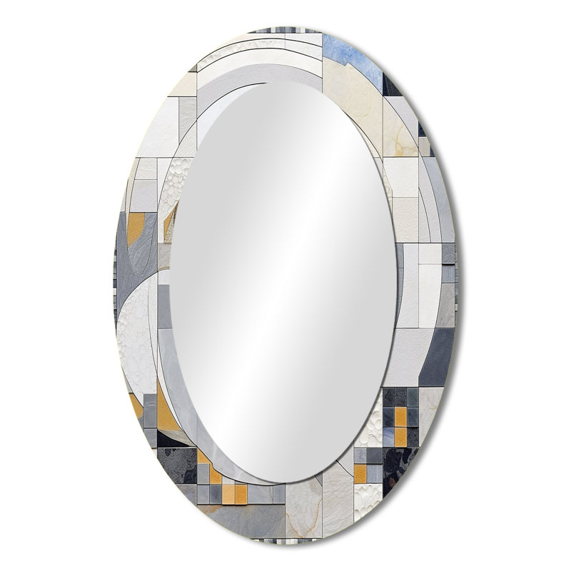 Grey And Yellow Mosaic III - Abstract Oval Decorative Mirror On Metal, 36" x 24"