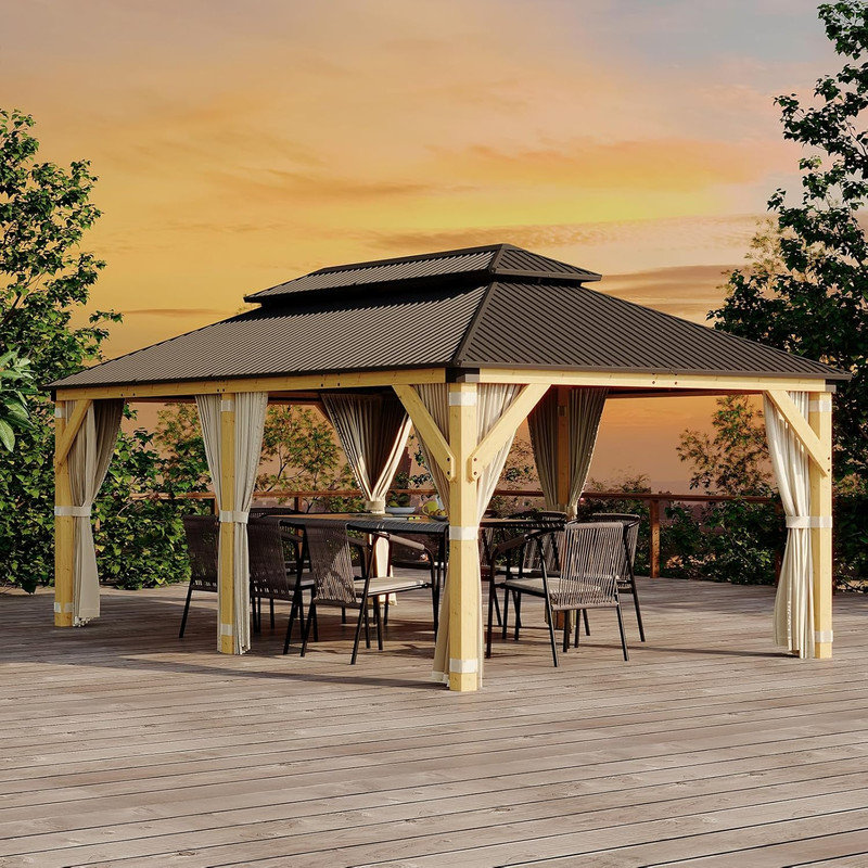 Abri de jardin en bois 12 po x 20 pi avec double toit, auvent rigide et filet pour tous les temps